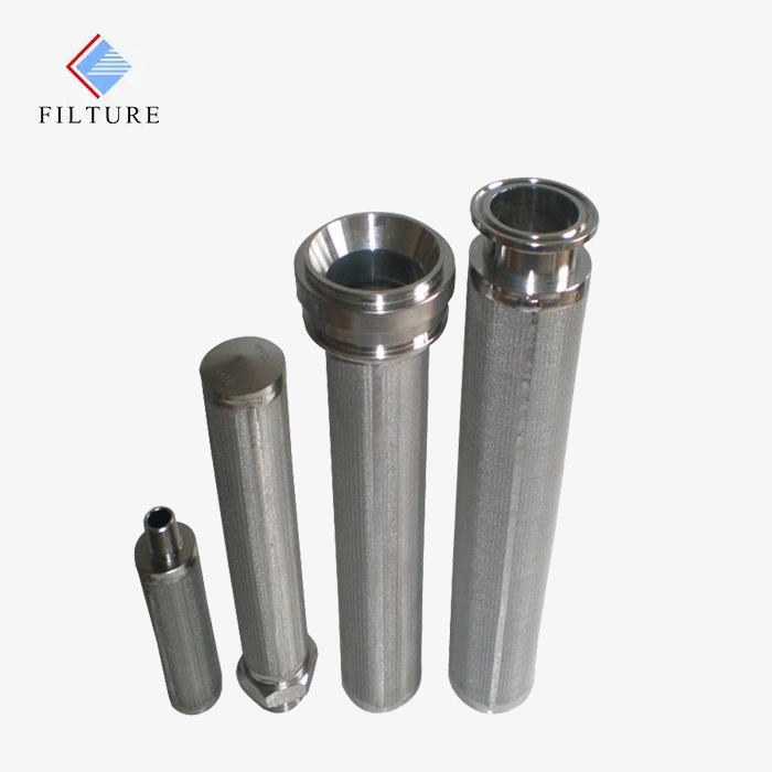 Four sintered filter cartridge designs equipped with different fittings.